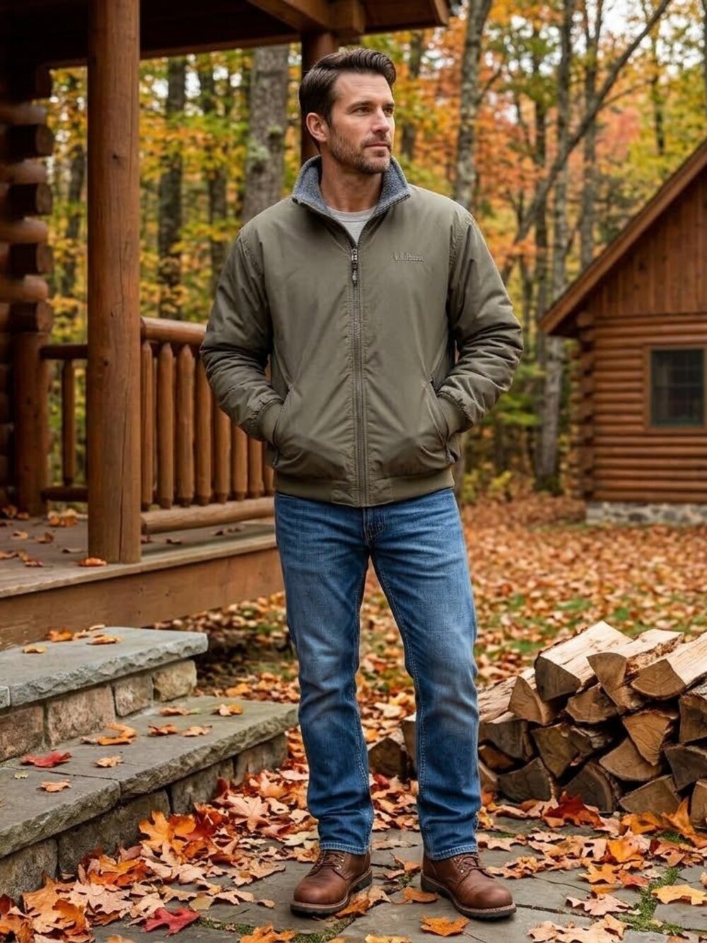LL Bean Army Green Nylon Fleece Lined Jacket Size XL Tall